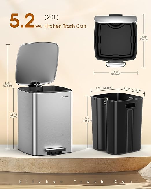 Lovewind Kitchen Trash Can with Lid, 5.2 Gallon/20 L Footstep Garbage Can for Kitchen Bedroom Home Office, 20 Liter Trash Bin Brushed Stainless Steel Waste Bin with Soft-Close Lid,Silver-DeskLoop Office