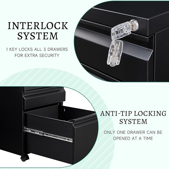 Letaya 3 Drawer Mobile File Cabinet with Lock, Under Desk Metal Rolling Filing Cabinets for Home Office Organizer Letters/Legal/A4 (Black- Requires Installation) (Black)-DeskLoop Office