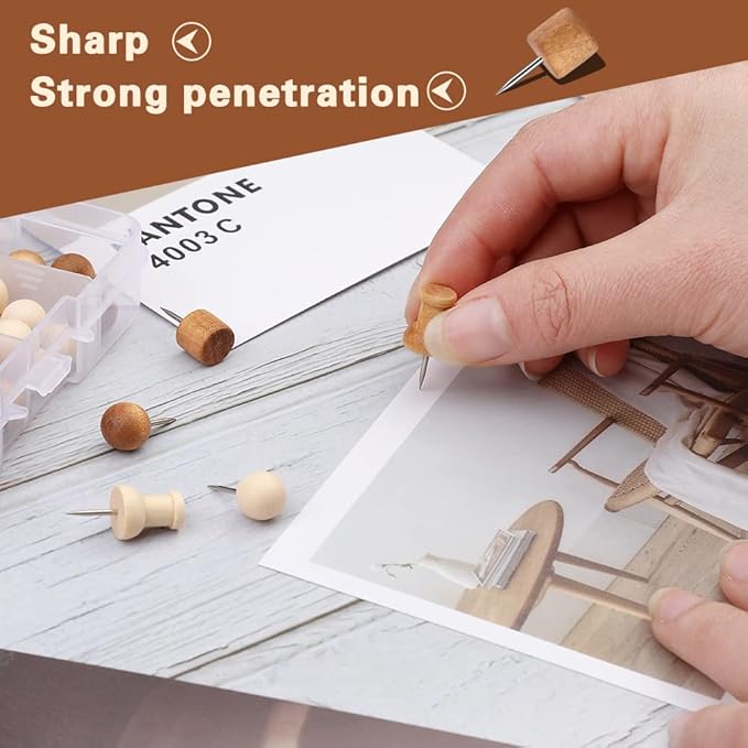 60 Pcs Wood Push Pins, 2 Colors and 5 Types Decorative Thumb Tacks Wooden Head Pin Map Tacks Marking Pin, Wood Thumb Tacks Decorative for Bulletin Boards Craft Projects with Storage Box-DeskLoop Office