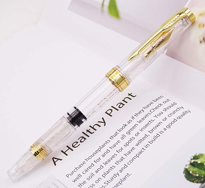 Lanxivi Yongsheng 3011 Demonstrator Clear Classical Fountain Pen Fine Nib Arrow Clip, Piston Filling System, Gold Trim, Set of 4 Pieces in transparent Color-DeskLoop Office