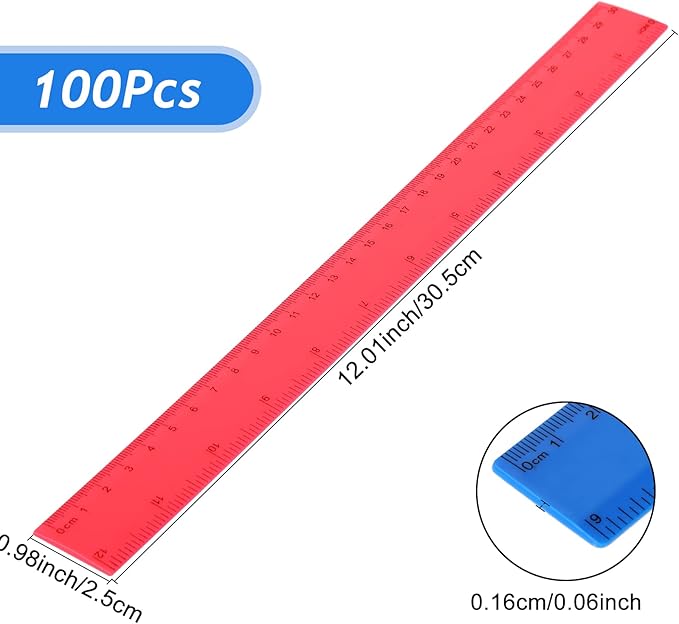 Zonon 100 Pcs 12 Inch Plastic Ruler Assorted Colors Rulers with Centimeters Millimeter and Inches Shatterproof Straightedge Bulk for Classroom School Home Office Kids(Plastic,Yellow, Green, Blue, Red)-DeskLoop Office