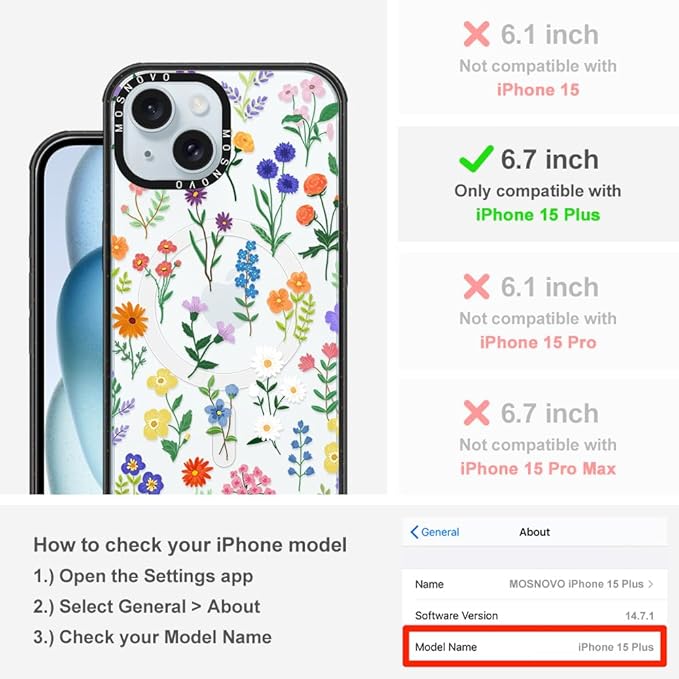MOSNOVO Magnetic Case for iPhone 15 Plus, 10ft Military-Grade Protection, Compatible with Magsafe, Shockproof Phone Case for iPhone 15 Plus / 14 Plus - Botanical Floral - Clear Black-DeskLoop Office