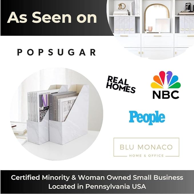 BLU MONACO Set of 4 Magazine Holders, White Marble Design with Gold Label Holders, File Holder for Desk, Magazine Storage for Home Office and Classroom-DeskLoop Office