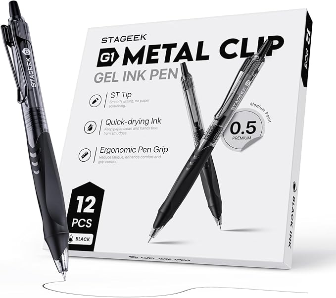 12 Pack Black Gel Pens, Quick Dry Black Ink Pens, 0.5mm Fine Point Retractable Smooth Writing Pens for Journaling, Writing, Business Gel Pen for Office School & Home Supplies(Black)
