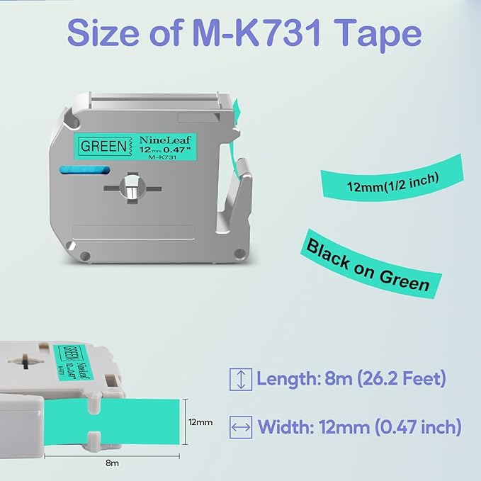 NineLeaf 4 Pack Compatible for Brother P-Touch M Tape M-K731 M-K731S MK731 M731 12mm 0.47'' Black on Green Label Tape for PT-70BBVP PT-70BMH PT-70HK PT-70HOL PT-70HOT Label Maker