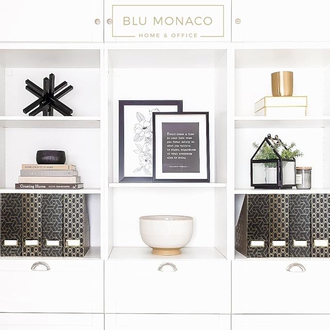 BLU MONACO Set of 4 Stylish Black & Gold Geometric Magazine File Holders with Gold Label Holders – Desk or Bookshelf Storage for Home, Office, Classroom Organization and Décor-DeskLoop Office