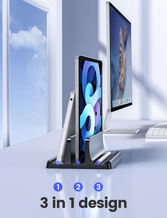 Vaydeer Vertical Laptop Stand Holder Plastic Adjustable Desktop Notebook Dock Space-Saving 3 in 1 for All MacBook Pro Air, Mac, HP, Dell, Microsoft Surface, Lenovo, up to 17.3 inches (Black)