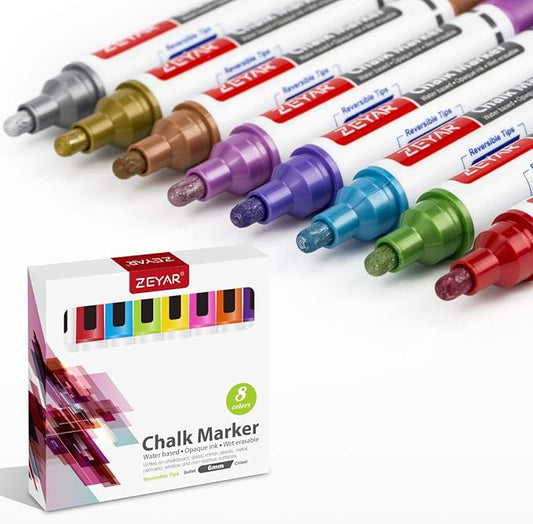 ZEYAR Liquid Chalk Marker-Wet Erase Marker, 6mm Reversible Tip-Bullet or Chisel, 8 Colors, Writes on Chalkboards, Bistro Boards, Windows and Plastic (8 Metallic Colors)-DeskLoop Office