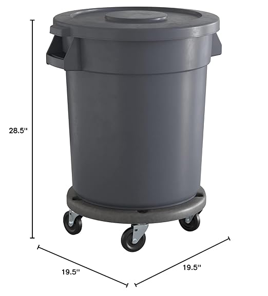 20 Gallon Gray Round Commercial Trash Can with Lid and Dolly-DeskLoop Office