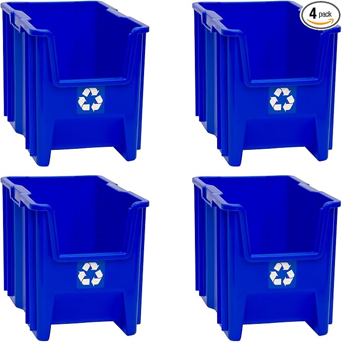 Commercial Industrial Heavy Duty Stackable Open-Front Recycling Bin Box Containers, 7 Gallon, 4 Pack, Blue-DeskLoop Office