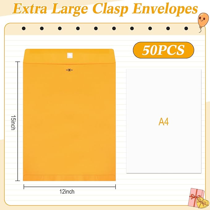 50 Pcs 12 x 15 Inch Extra Large Mailing Clasp Envelopes Jumbo Kraft Catalog Manila Envelope with Clasp Closure for Oversized Big Documents Office Home Business Legal School Storing Mailing