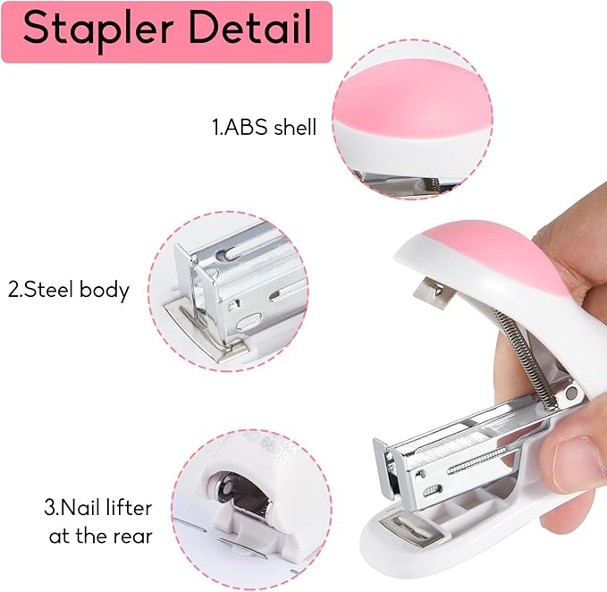 NEBURORA Mini Effortless Desktop Staplers with 400 Standard 26/6 Staples, 2-24 Sheet Capacity, Includes Built-in Staple Remover, Cute Stapler Gift for Student and Office Use, 3 Colors Options (Pink)-DeskLoop Office