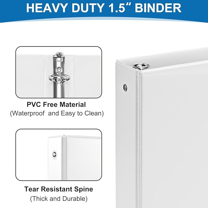 1.5 Inch 3 Ring Binder, 1-1/2“ Binder with 2 Interior Pockets, Durable White View Binders, Clear View Cover, Holds up to 325 Sheets US Letter Size, Perfect for Office/Home/School.(6 Pack)-DeskLoop Office