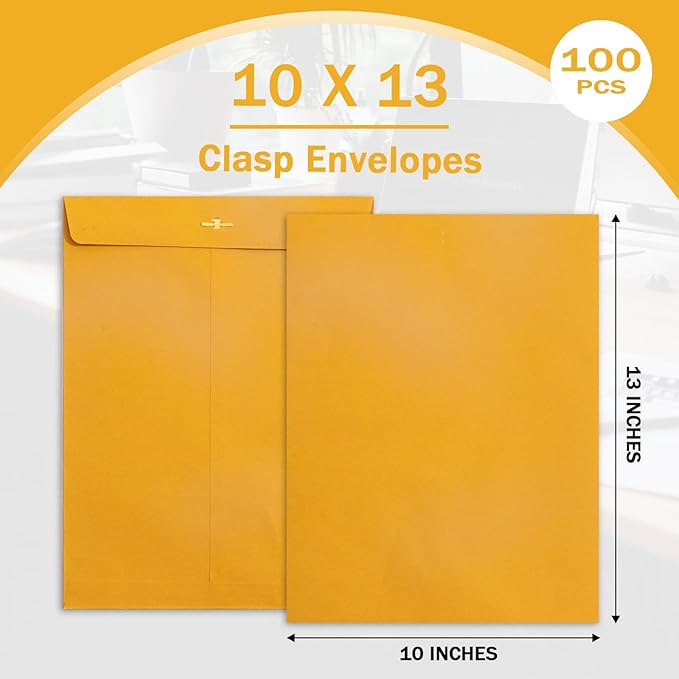 Clasp Envelopes 10x13, 100 Pack Goefun Brown Yellow Manilla Envelopes 10x13-100GSM Heavy Kraft Paper, with Clasp and Gummed Seal for Mailing-DeskLoop Office