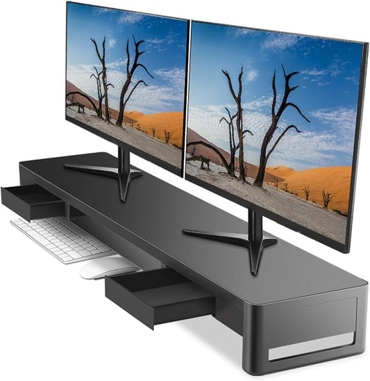 meatanty Dual Monitor Stand Riser with 2 Storage Drawers, Metal Computer Monitor Stand Monitor Shelf with Pull Out Drawer, Keyboard and Mouse Storage Desktop Organizer for PC,Laptop,iMac,TV,Printer-DeskLoop Office