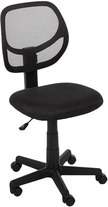 Amazon Basics Rolling Desk Chair, Adjustable, Low Back, Padded Seat, Breathable Mesh, Swivel, Black, 21.25" D x 22.5" W x 38" H-DeskLoop Office