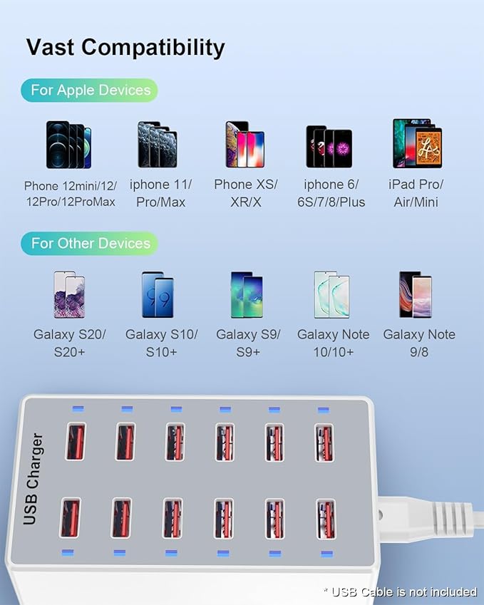 USB Charger 12-Ports Charging Station for Multiple Devices USB Wall Charger Power Hub Strip Smart Plug Charging Dock Block for iPhone Xs/XR,iPad,iPod,Galaxy S9/S8,Smart Phones 60W-DeskLoop Office