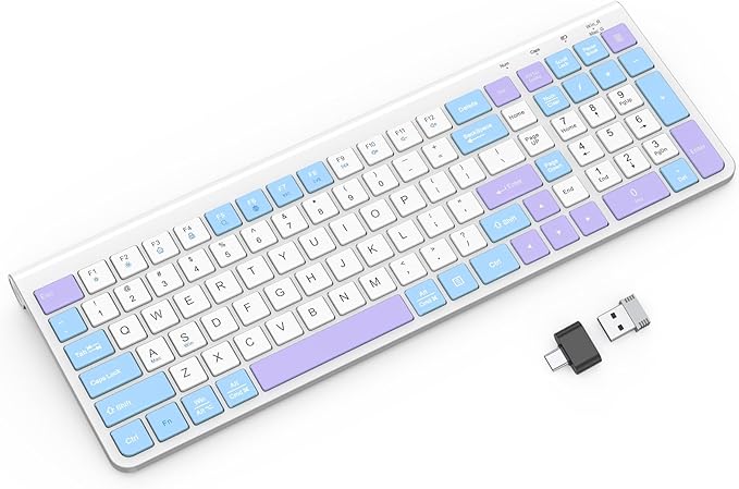 Colorful Wireless Keyboard with Low-Profile Keys-Soft Touch,Cute,Quiet Design,Windows & Mac OS,Office Cordless Slient Computer Keyboard for Desktop,Laptop, PC, Mac, Windows-Purple Blue White