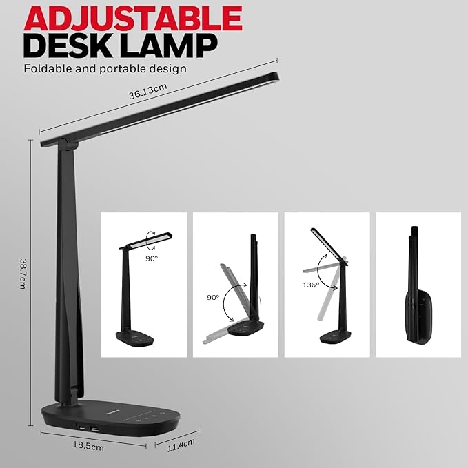 HONEYWELL LED Desk Lamp - HWT-H2 Sunturalux™ Eye-Caring Foldable Desk Light with USB A+C Dual Charging Port 4 Color Modes Dimmable Table Lamp for Home Office Bedroom Reading Study Work - Black-DeskLoop Office
