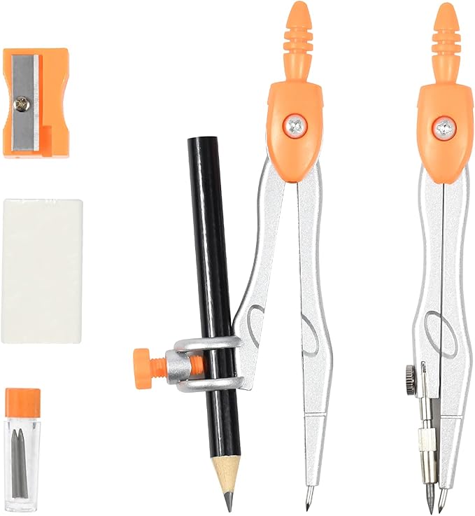 Math Geometry Kit Sets 10 Piece Student Supplies with Shatterproof Storage Box,Includes Rulers,Protractor,Compass,Eraser,Pencil Sharpener,Lead Refills,Pencil,for Drafting and Drawings(Orange)