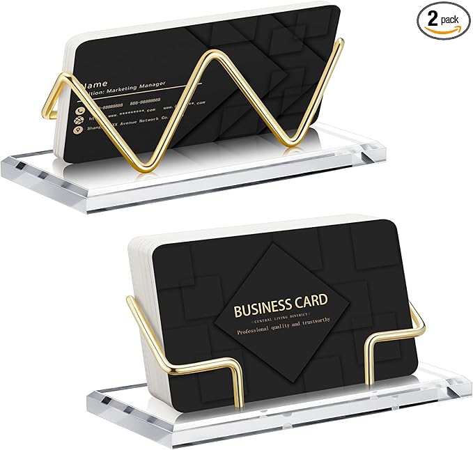 Amyhill 2 Pieces Acrylic Business Card Holder for Desk Clear Horizontal Business Card Display Stand Postcard Holder for Office Home Desktop (Gold)-DeskLoop Office