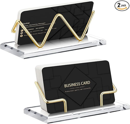 Amyhill 2 Pieces Acrylic Business Card Holder for Desk Clear Horizontal Business Card Display Stand Postcard Holder for Office Home Desktop (Gold)-DeskLoop Office