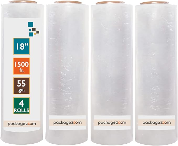 PackageZoom 4 Rolls 18" x 1500 Ft Stretch Wrap Heavy Duty, Industrial Strength Shrink Wrap, 55 Gauge High Performance Stretch Film Replaces 80 Gauge Low Films, Clear Hand Stretch Wrap-DeskLoop Office