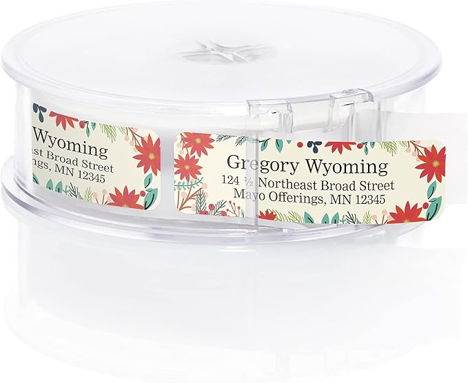 Ivory Holiday Floral Rolled Address Labels/Roll of 500 Personalized Return Address Labels/Designer Return Address Stickers in Elegant Plastic Dispenser-DeskLoop Office