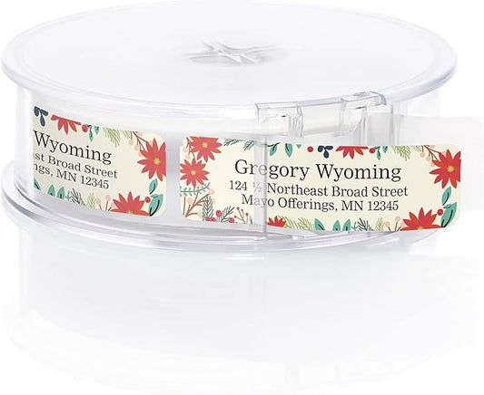 Ivory Holiday Floral Rolled Address Labels/Roll of 500 Personalized Return Address Labels/Designer Return Address Stickers in Elegant Plastic Dispenser-DeskLoop Office