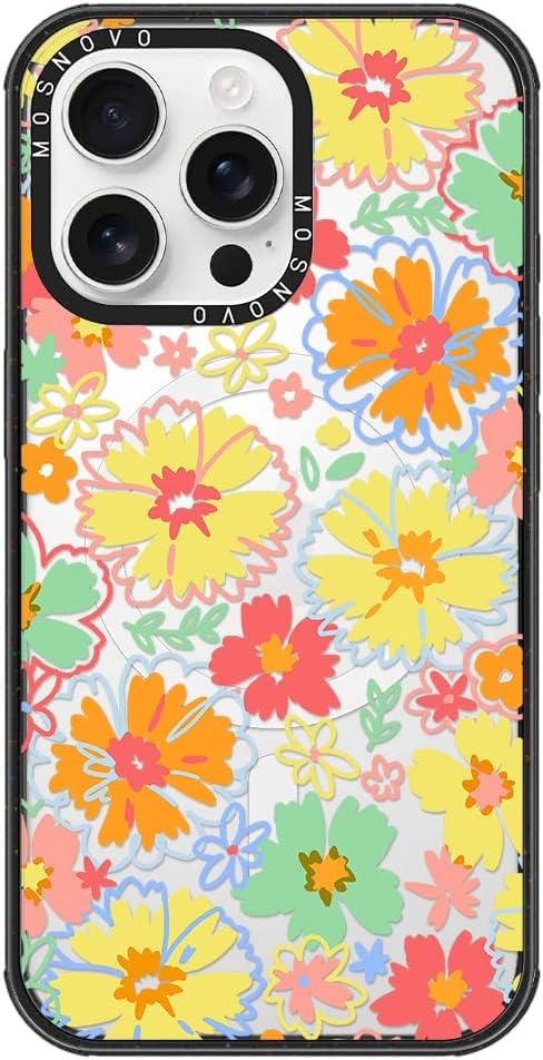 MOSNOVO Magnetic Case for iPhone 16 Pro Max, 10ft Military-Grade Protection, Compatible with Magsafe, Shockproof Phone Case for iPhone 16 Pro Max - Retro Boho Hippie Flowers - Clear Black-DeskLoop Office