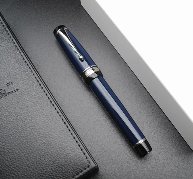 Metal Big Fountain Pen Set Medium Nib 0.7mm, Includes Ink Refill Converter, 5 Ink Cartridges & Gift Box (Medium Nib 0.7mm, Dark Blue with Silvery Clip)-DeskLoop Office