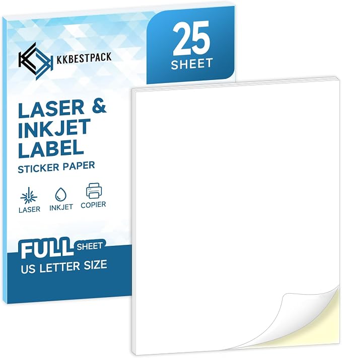 Full Sheets Sticker Paper – 25 Sheets, 8.5" x 11" Letter Size, by KKBESTPACK