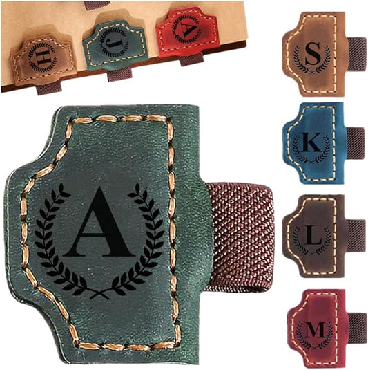 Custom Bookmark with Pen Holder with 26 Letters Personalized Magnetic Leather Book Mark, Customized Name Book Marker Clip with Initial for Men Women, Gifts for Book Lovers, Readers, (Green, A)-DeskLoop Office