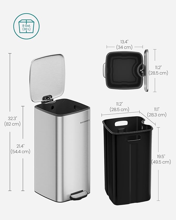 SONGMICS Kitchen Trash Can, 8-Gallon (30 L) Trash Bin, Stainless Steel Garbage Can, with Inner Bucket, Soft Close and Stays Open, Metallic Silver ULTB593E01-DeskLoop Office