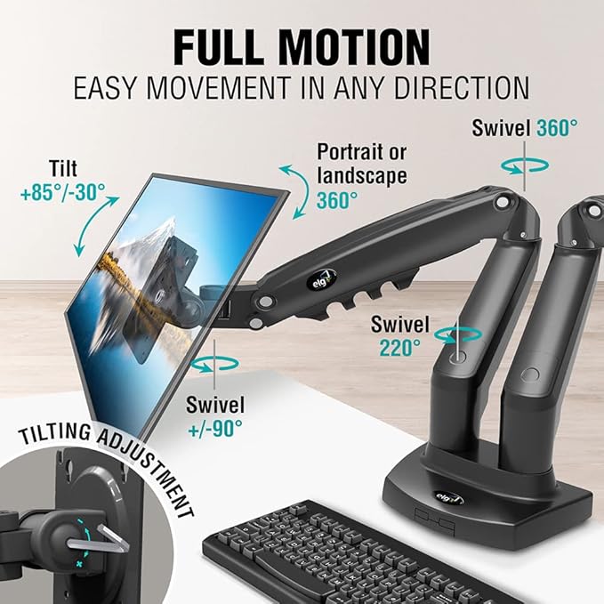 ELG Full Motion Swivel Dual Monitor Desk Mount Stand Gas Spring for Two Screens 17” to 35'' (4.4lbs to 19.8lbs Load for Each Display), Computer Monitor Stand F160N, Black-DeskLoop Office