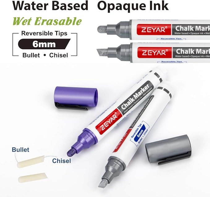 ZEYAR Liquid Chalk Marker-Wet Erase Marker, 6mm Reversible Tip-Bullet or Chisel, 8 Colors, Writes on Chalkboards, Bistro Boards, Windows and Plastic (8 Metallic Colors)-DeskLoop Office