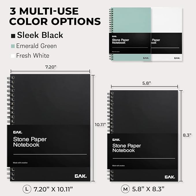 GAK. Stone Paper Waterproof Sheet Spiral Notebook (M Size) – 5.8”x8.3”, 50 sheets, Stone Paper Notebook Journal Note Taking Waterproof Notepad College Ruled Paper Black Notebook Aesthetic School