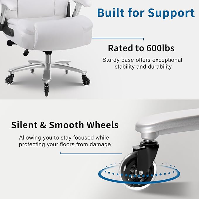 Big and Tall Office Chair 600lbs, Ergonomic Heavy Duty Executive Office Chair, High Back Office Leather Chair with Adjustable Armrests and Lumbar Support, White Big Tall Chair for Heavy People-DeskLoop Office