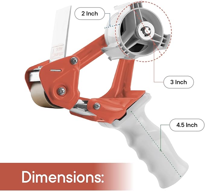 Heavy Duty Metal Frame Orange Packing Tape Dispenser 3 Inch Core with Special Ergonomic Handle, Tape Gun for Packing Boxes with Premium Tempered Steel Blade - for 2 inch Wide Roll-DeskLoop Office