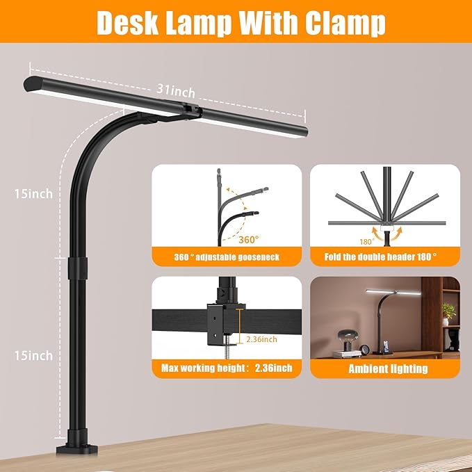 Led Desk Lamp for Home Office,24W Bright Eye-Caring Desk Light with Clamp,5 brightness and 5 temperatures Dimmable Workbench Task Light, Adjustable Gooseneck Table Lamp for Monitor Study(black)-DeskLoop Office