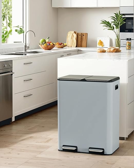 TLSUNNY Kitchen Dual Trash Can, 60L Hands-Free Stainless Steel Garbage Can, Classified Rubbish Bin with Double Compartments, Soft-Close Lid, Inner Bucket, Odor Control (60L) (Haze Blue)-DeskLoop Office