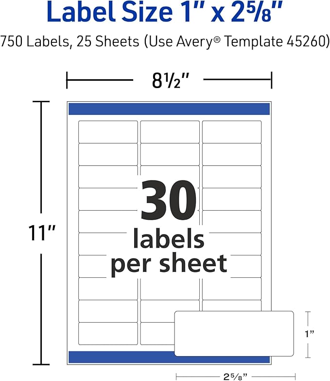 Avery Easy Peel Printable Address Labels with Sure Feed, 1" x 2-5/8" Customizable Stickers, White, 1,500 Blank Mailing Labels, Great for Mailing, Shipping, and More (2-Pack of 5260)-DeskLoop Office