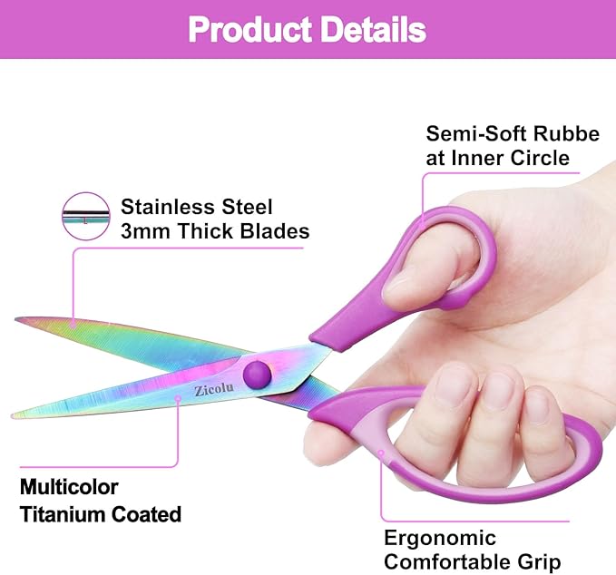 8.5" Scissors All Purpose, Multipurpose Office Scissors Set of 3 pack, Sharp Titanium Coating Blade and Soft Comfort-Grip Sturdy Scissors for Fabric School Craft Sewing Home, Right/Left Handed-DeskLoop Office