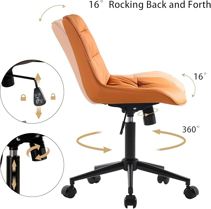 Kidol & Shellder Faux Leather Office Chair, Adjustable Swivel Height Task Chair, Rolling Wheels & Soft Backrest - Armless Ergonomic Desk Chair for Home, Office,Vanity,Gaming(Orange)-DeskLoop Office