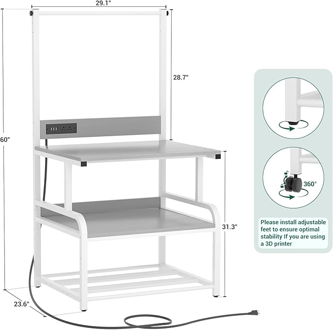 Homieasy Printer Stand with Charging Station, 29.1" x 22.8" Large 3D Printer Table with Filament Storage, Heavy Duty Rolling Printer Cart with 4-Tier Storage for Workshop/Office/Garage, Light Grey-DeskLoop Office