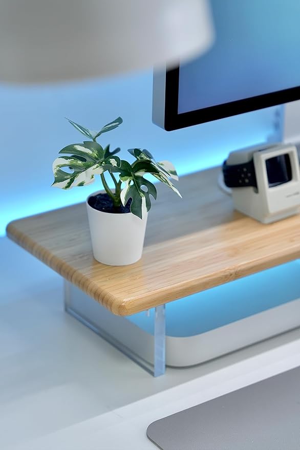 Bamboo Monitor Stand Riser with RGB Lights,31.5 Inches Desktop Shelf with Acrylic Legs Supports for Desk, PC Computer Monitor, Laptops, Printer, Speakers (Natural)-DeskLoop Office