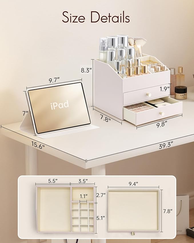 Vlando Makeup Organizer,Skincare Organizer for Vanity,PU Leather Make up Organizer with Drawers Cosmetic Display Case for Countertop,Perfume,Gifts Ideas for Women (Apricot White)