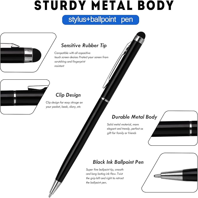 15 Pack Stylus Pens for Touch Screens Stylus Pen Compatible with Phone Tablets Kindle and Black Ink Ballpoint Pens-2 in 1 Stylists pens for Touch Screens (Silver & Black)-DeskLoop Office