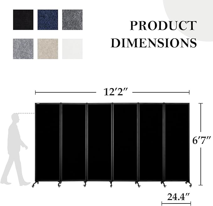 Upgrade Version Room Partition and Divider, Freestanding Rolling Dividers with Wheels,Office Privacy Screen Divider Wall,Classroom Felt Dividers,12'2"L* 6'7"H,6 Panel,Black-DeskLoop Office