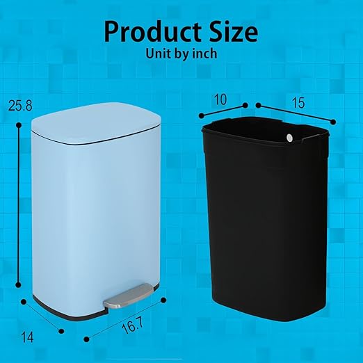 PayLessHere Stainless Steel Trash Can with Lid - Removable Inner Bucket, Foot Pedal Soft Close for Office, Home, Kitchen Garbage Bin (Blue, 13 G)-DeskLoop Office